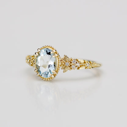 Anthea - 18k Gold Oval Aquamarine Engagement Ring with Diamond Floral Band