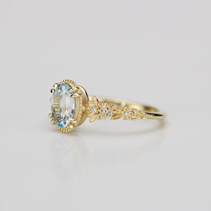 Anthea - 18k Gold Oval Aquamarine Engagement Ring with Diamond Floral Band
