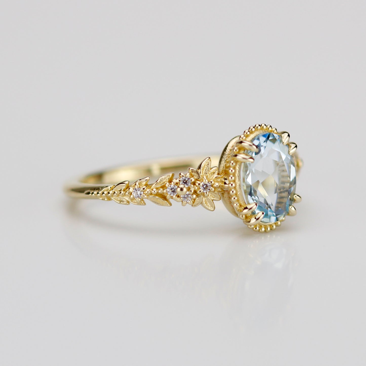Anthea - 18k Gold Oval Aquamarine Engagement Ring with Diamond Floral Band