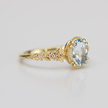 Anthea - 18k Gold Oval Aquamarine Engagement Ring with Diamond Floral Band