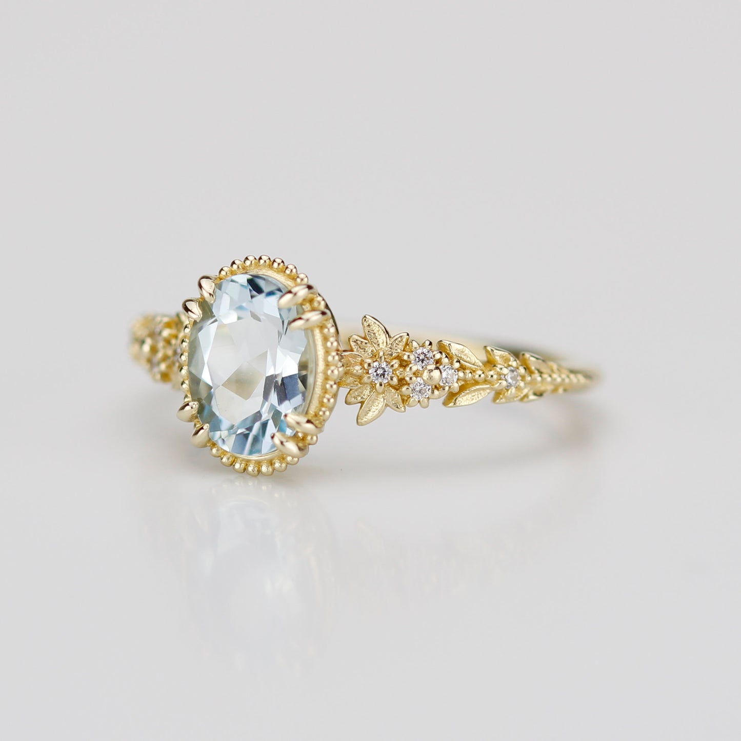Anthea - 18k Gold Oval Aquamarine Engagement Ring with Diamond Floral Band