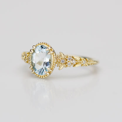 Anthea - 18k Gold Oval Aquamarine Engagement Ring with Diamond Floral Band