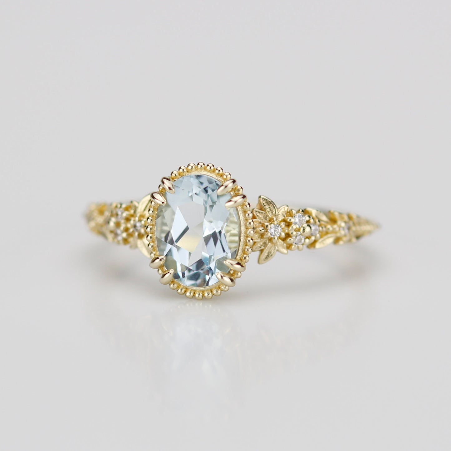Anthea - 18k Gold Oval Aquamarine Engagement Ring with Diamond Floral Band