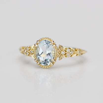 Anthea - 18k Gold Oval Aquamarine Engagement Ring with Diamond Floral Band