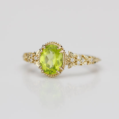 Anthea Peridot Ring - 18k Yellow Gold Floral Diamond Engagement Ring