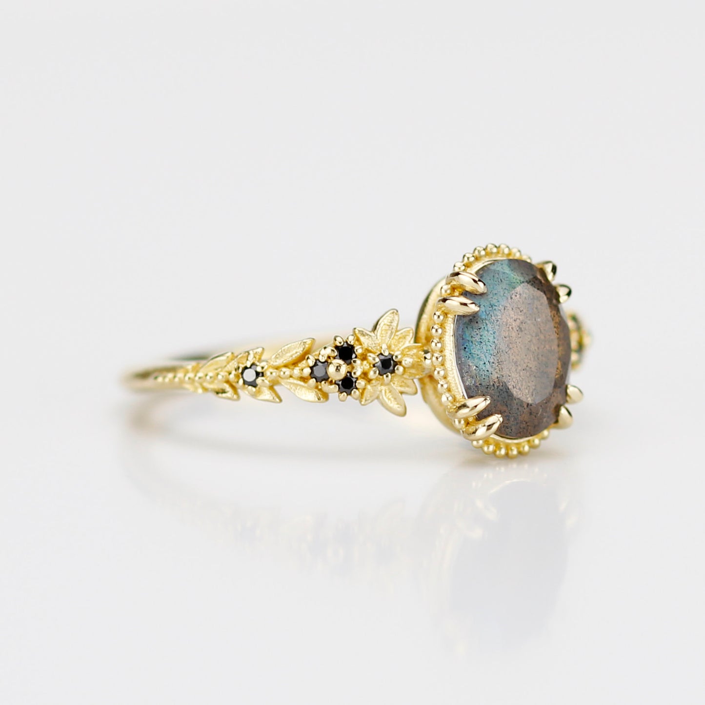 Anthea 18k Gold Ring with Natural Labradorite and Black Diamonds