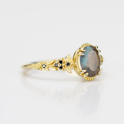 Anthea 18k Gold Ring with Natural Labradorite and Black Diamonds