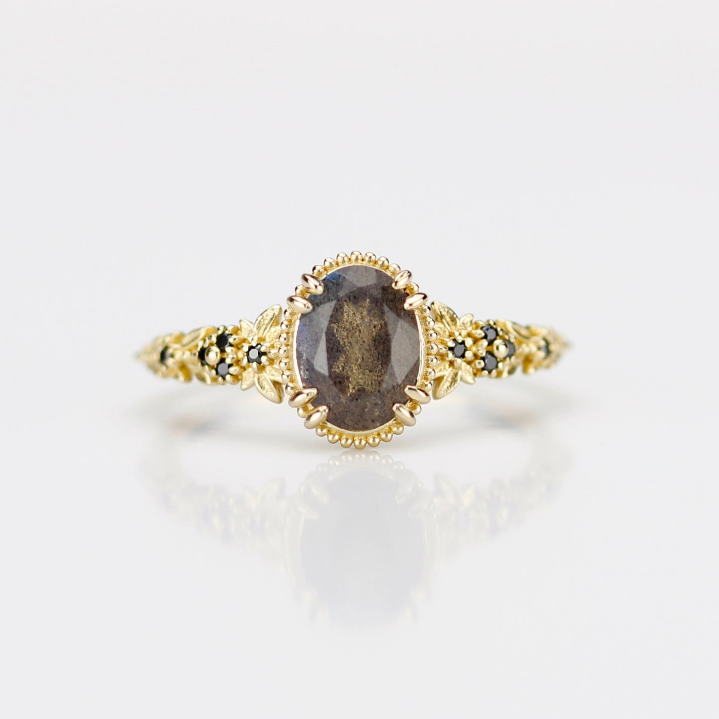 Anthea 18k Gold Ring with Natural Labradorite and Black Diamonds