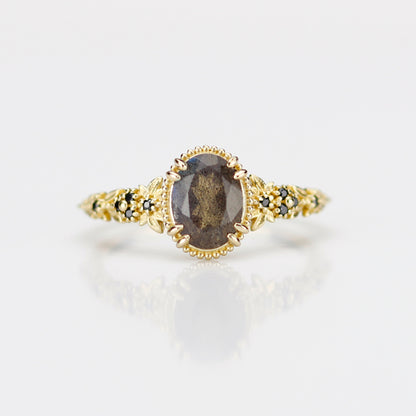 Anthea 18k Gold Ring with Natural Labradorite and Black Diamonds
