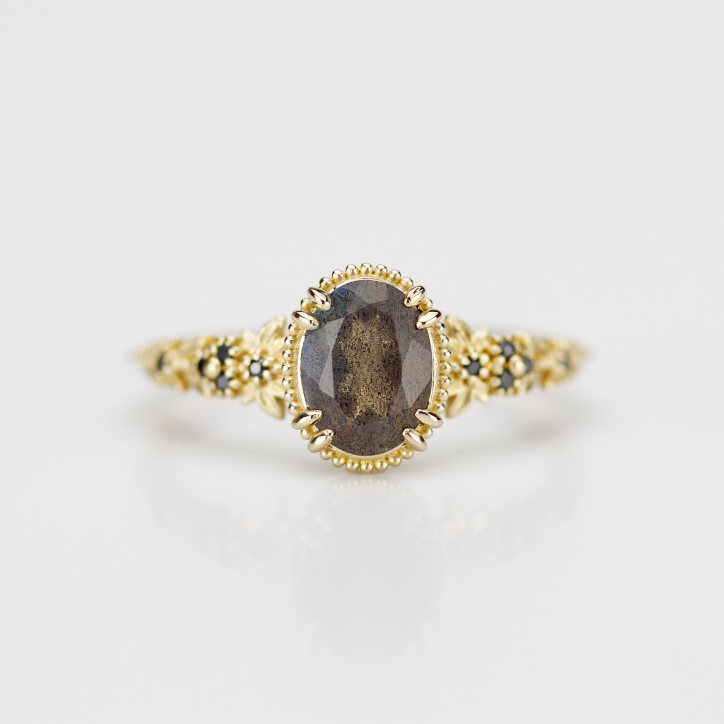 Anthea 18k Gold Ring with Natural Labradorite and Black Diamonds