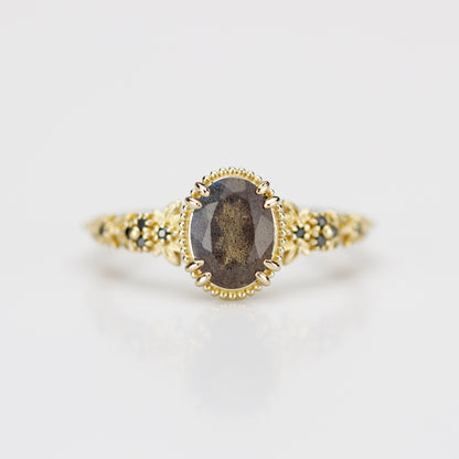 Anthea 18k Gold Ring with Natural Labradorite and Black Diamonds