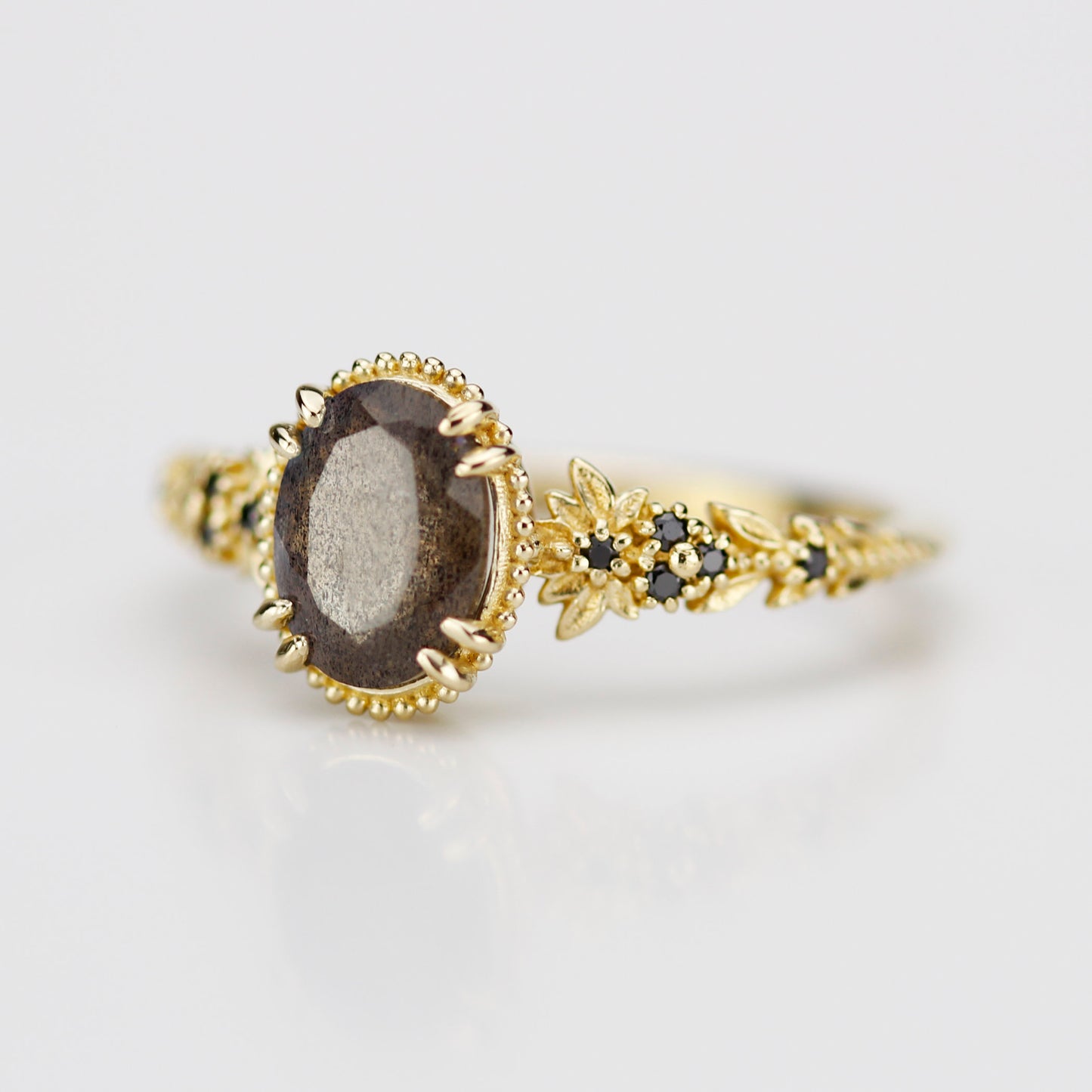Anthea 18k Gold Ring with Natural Labradorite and Black Diamonds
