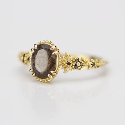 Anthea 18k Gold Ring with Natural Labradorite and Black Diamonds