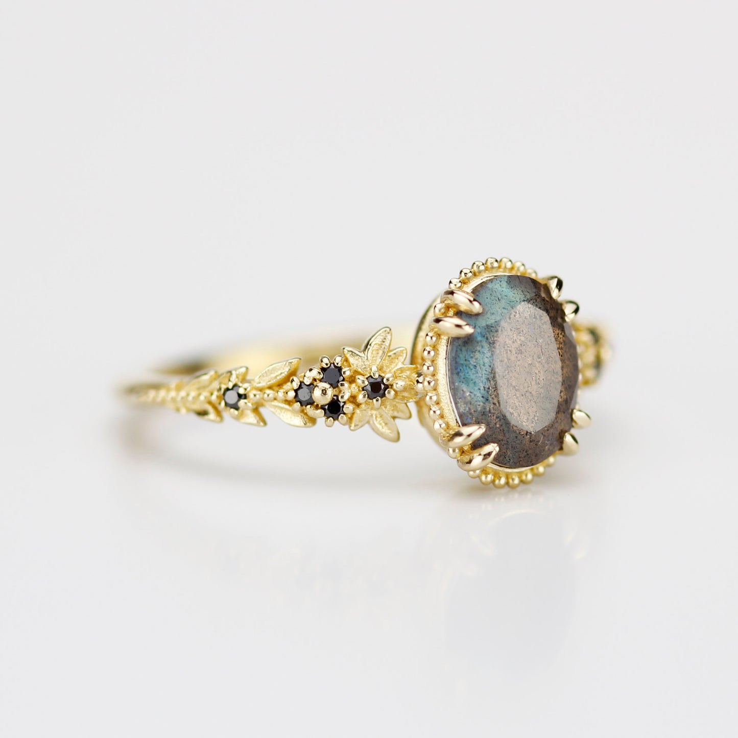Anthea 18k Gold Ring with Natural Labradorite and Black Diamonds