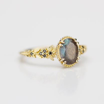 Anthea 18k Gold Ring with Natural Labradorite and Black Diamonds