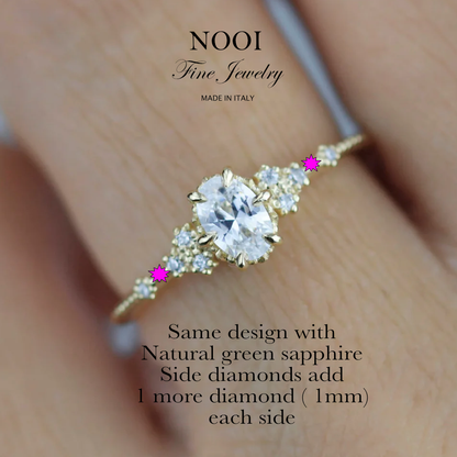 Reserved ring for Anna S. - 18k gold Natural green sapphire and natural diamond cluster ring.