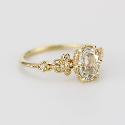 Vintage Art Deco 18k yellow gold engagement ring with 8x6mm oval white topaz and natural diamond accents