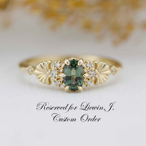 Custom Order Reserved for LIewin J. Oval Green sapphire and diamond engagement ring