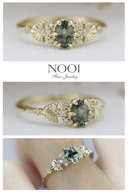 18k Yellow Gold Oval Green Sapphire Diamond Ring