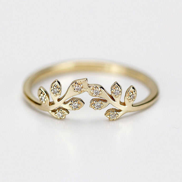 Dainty leaf ring, Leaf ring, small leaves wedding band, organic wedding band, leaf twig ring, twig ring, gold vine ring