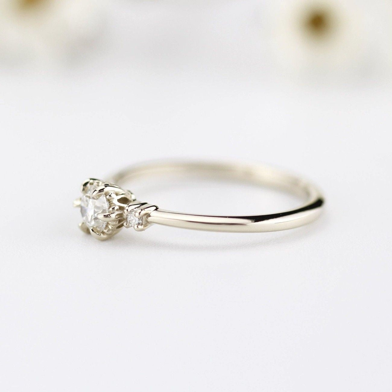 Three Stone Dainty 18k Gold Diamond Engagement Ring0.25ct Round Minimalist