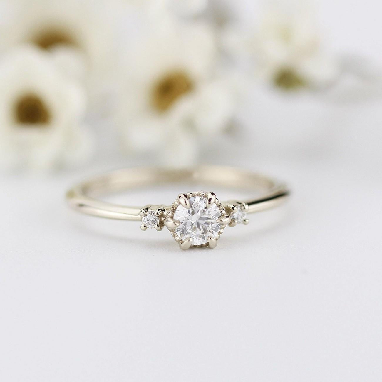 Three Stone Dainty 18k Gold Diamond Engagement Ring0.25ct Round Minimalist