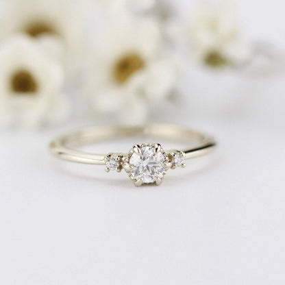 Three Stone Dainty 18k Gold Diamond Engagement Ring0.25ct Round Minimalist