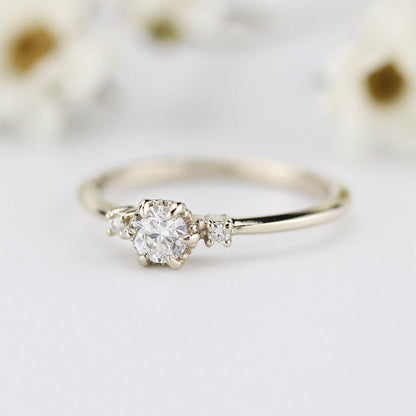 Three Stone Dainty 18k Gold Diamond Engagement Ring0.25ct Round Minimalist