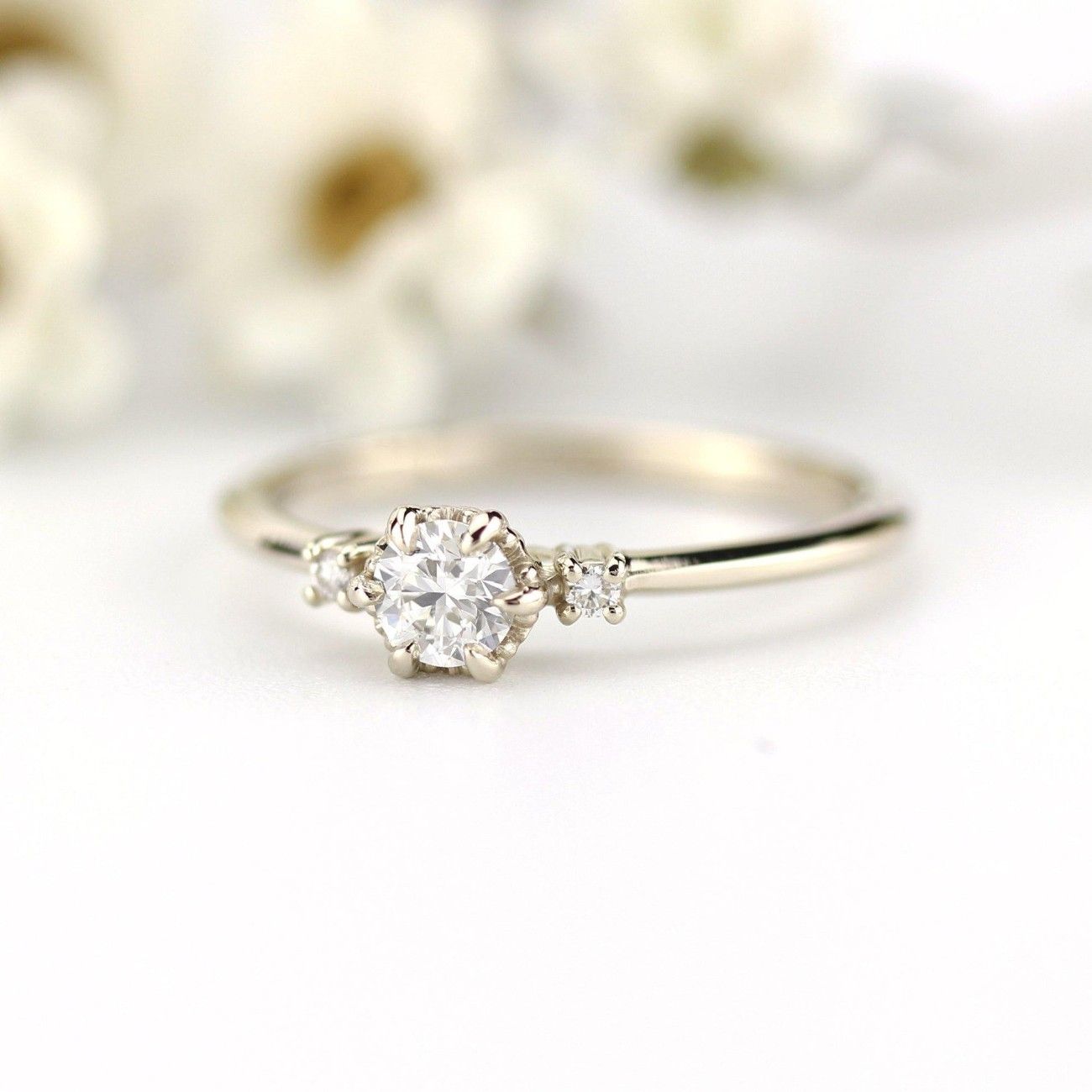 Three Stone Dainty 18k Gold Diamond Engagement Ring0.25ct Round Minimalist