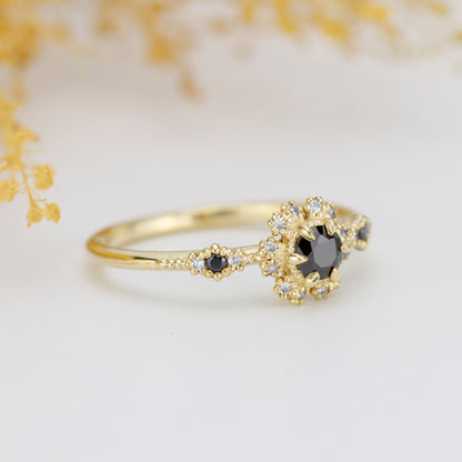 halo vintage engagement ring, black and white diamond ring, black diamond engagement ring halo | R 341BDWD