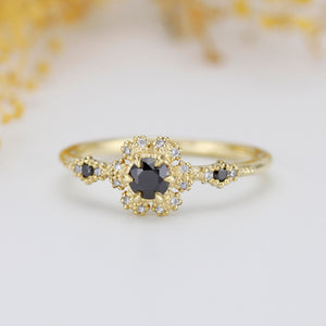 halo vintage engagement ring, black and white diamond ring, black diamond engagement ring halo | R 341BDWD