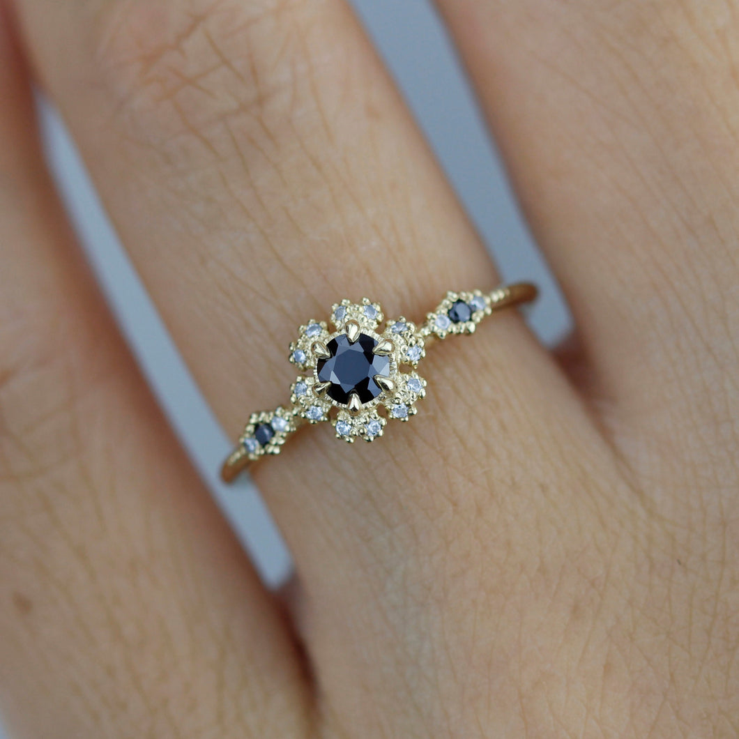 halo vintage engagement ring, black and white diamond ring, black diamond engagement ring halo | R 341BDWD