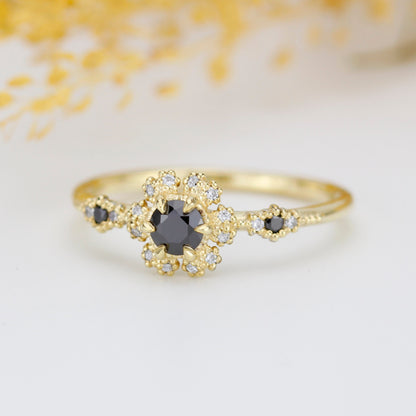 halo vintage engagement ring, black and white diamond ring, black diamond engagement ring halo | R 341BDWD