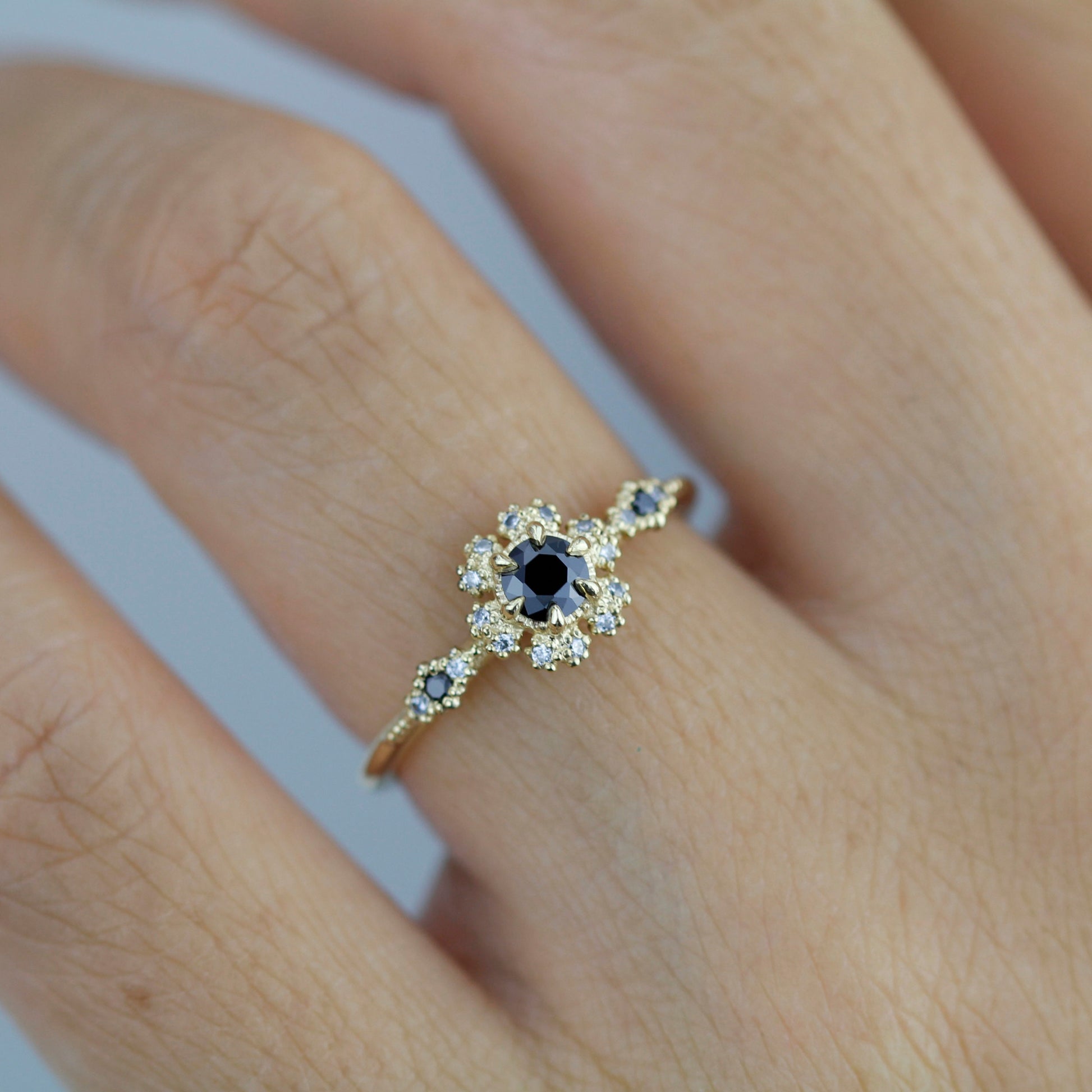 halo vintage engagement ring, black and white diamond ring, black diamond engagement ring halo | R 341BDWD