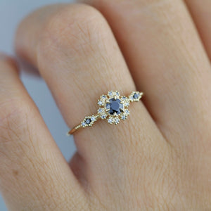 halo vintage engagement ring, black and white diamond ring, black diamond engagement ring halo | R 341BDWD