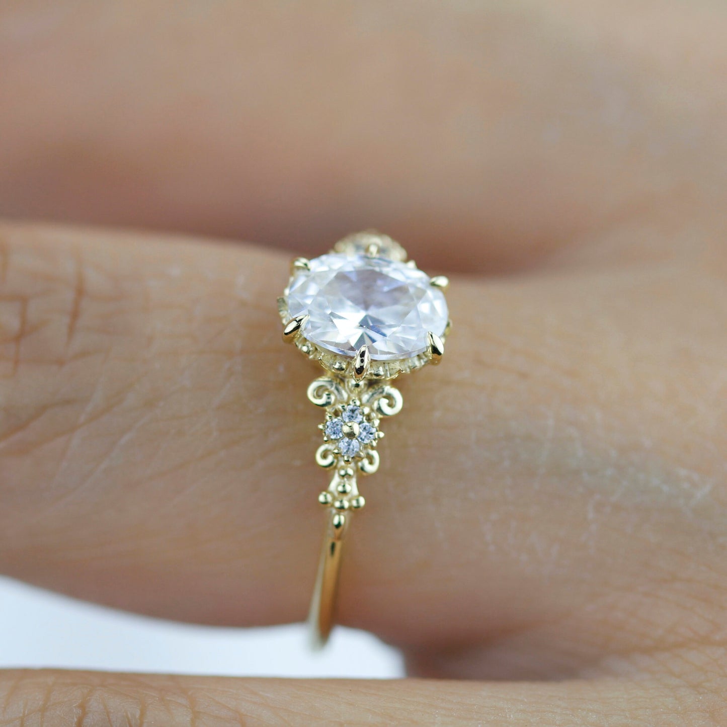Oval moissanite engagement ring, oval moissanite engagement ring vintage unique, 1.5 carat certificated moissanite ring | R265MOIS