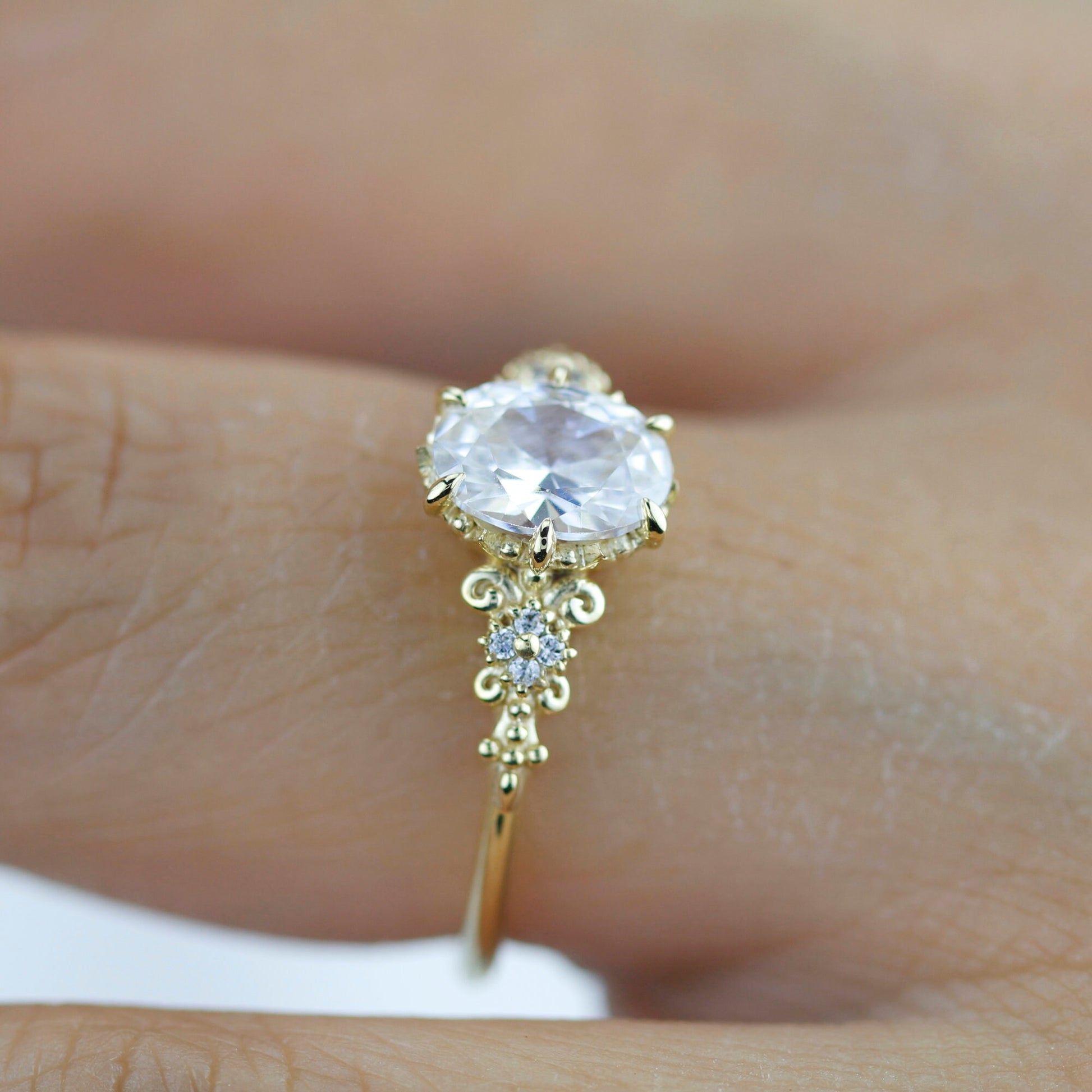 Oval moissanite engagement ring, oval moissanite engagement ring vintage unique, 1.5 carat certificated moissanite ring | R265MOIS