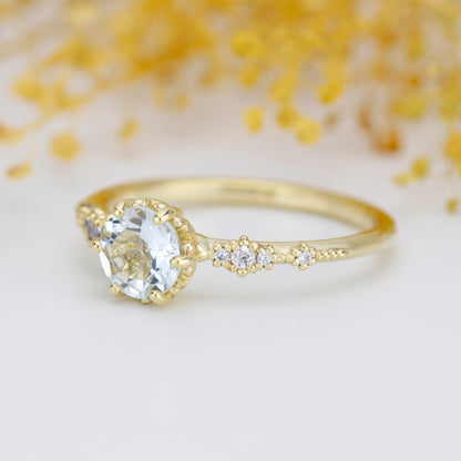 Aquamarine and diamond ring, aquamarine cluster, 18k gold ring aquamarine