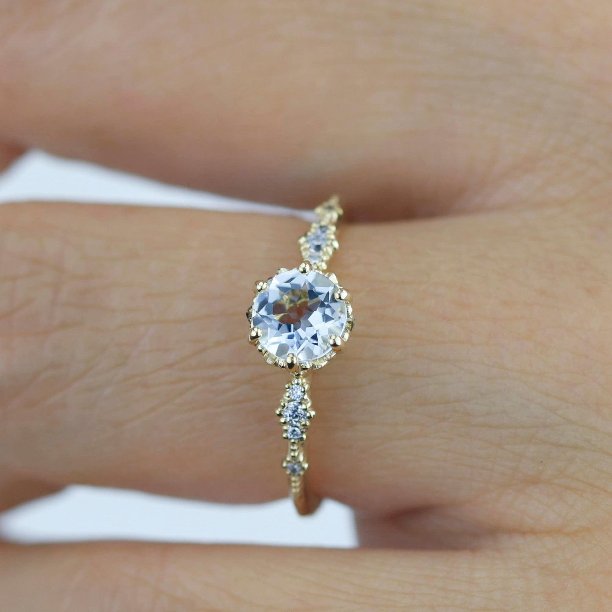 Aquamarine and diamond ring, aquamarine cluster, 18k gold ring aquamarine