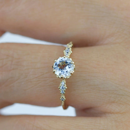 Aquamarine and diamond ring, aquamarine cluster, 18k gold ring aquamarine