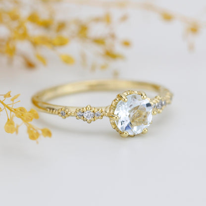 Aquamarine and diamond ring, aquamarine cluster, 18k gold ring aquamarine