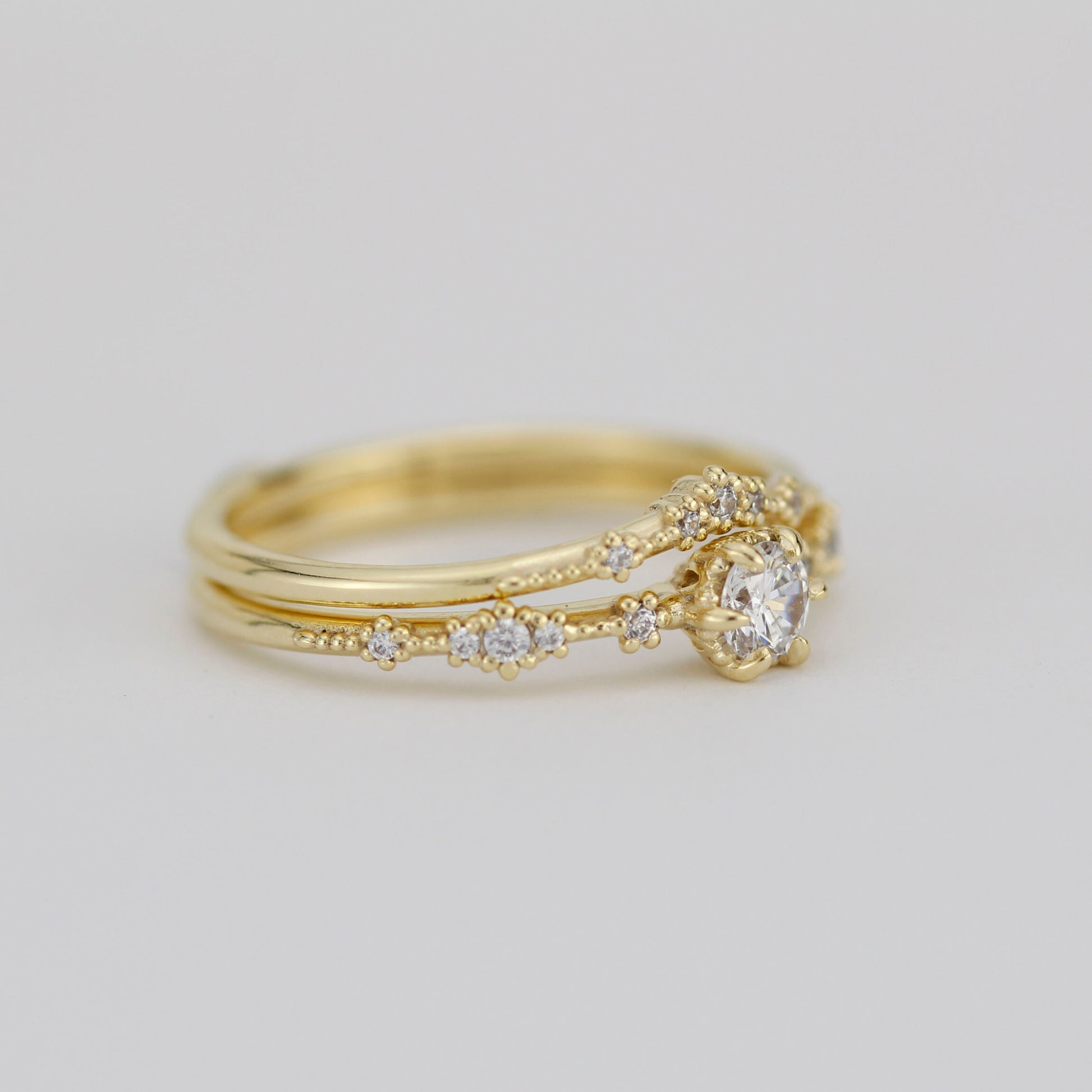 Wedding set rings delicate, wedding ring set white gold, 18k gold engagement ring and wedding band set |R 323-327WD