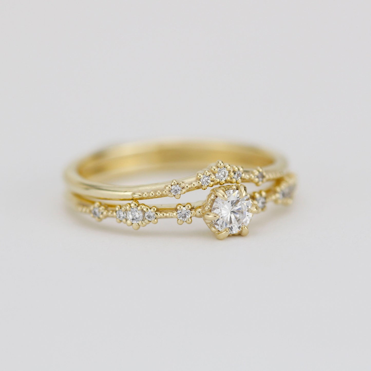 Wedding set rings delicate, wedding ring set white gold, 18k gold engagement ring and wedding band set |R 323-327WD