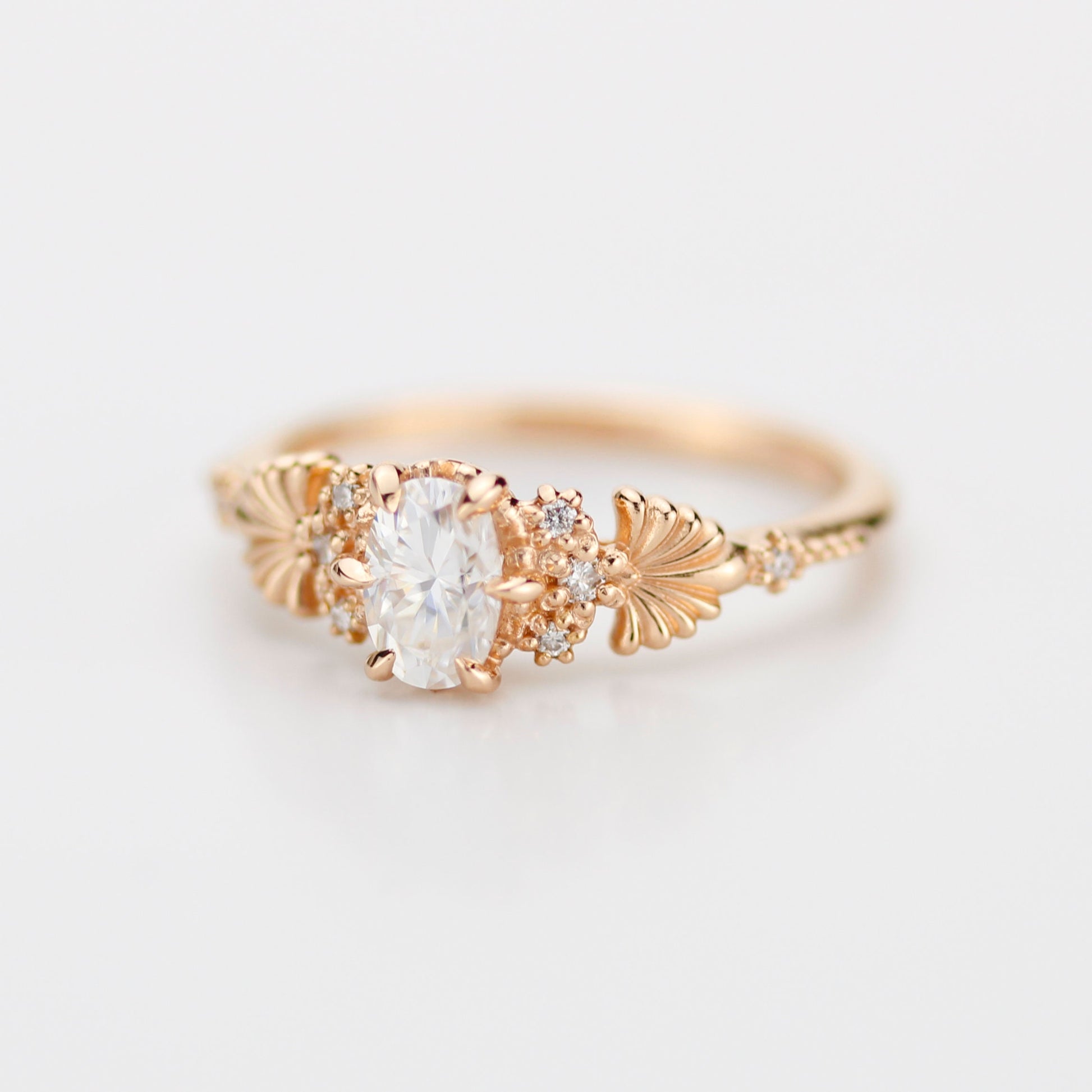 art nouveau engagement ring, oval Moissanite and diamond engagement ring, Vintage Style Art Nouveau Ring