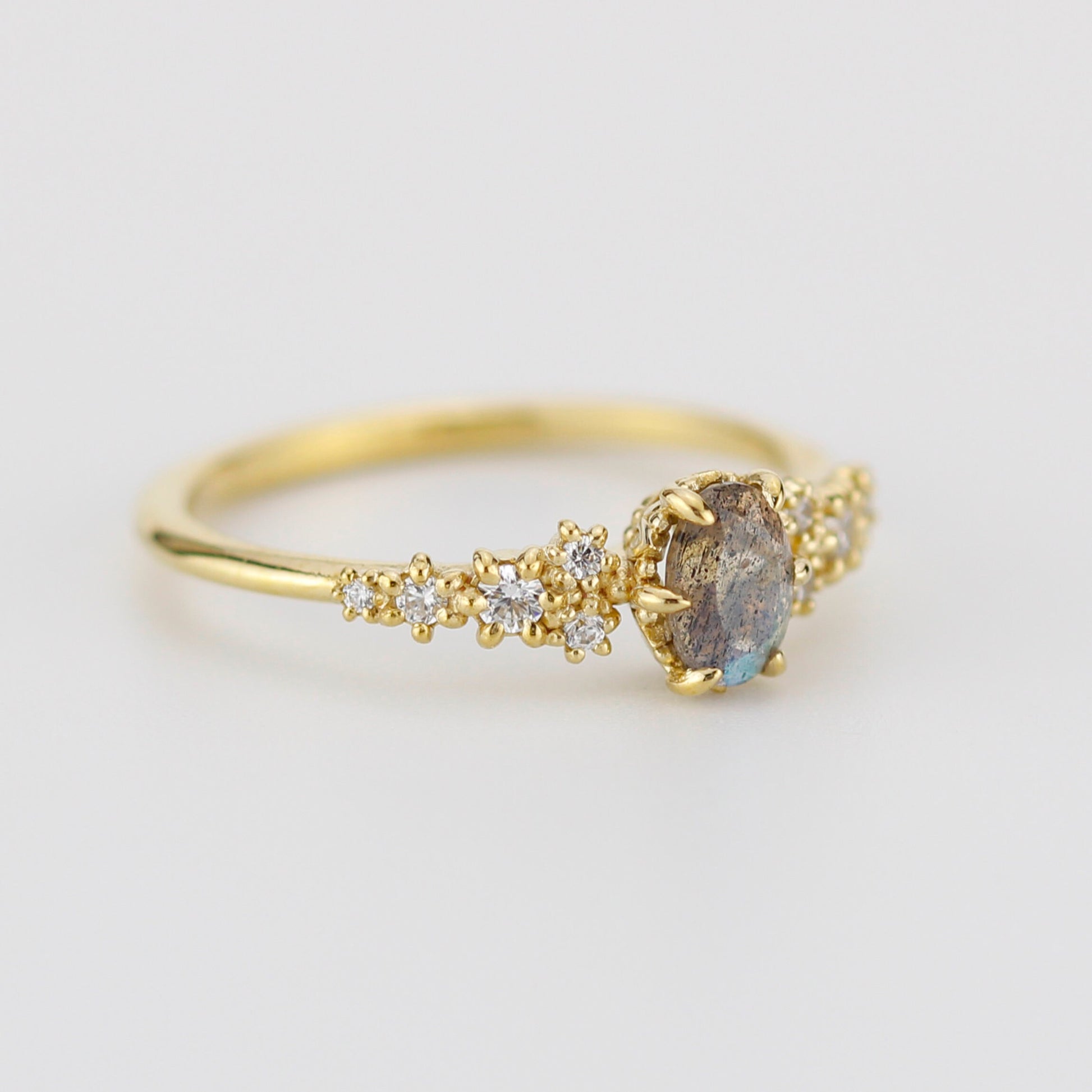 Oval Labradorite and Diamond engagement ring, Gold ring Labradorite, 18k gold ring, simple diamond ring