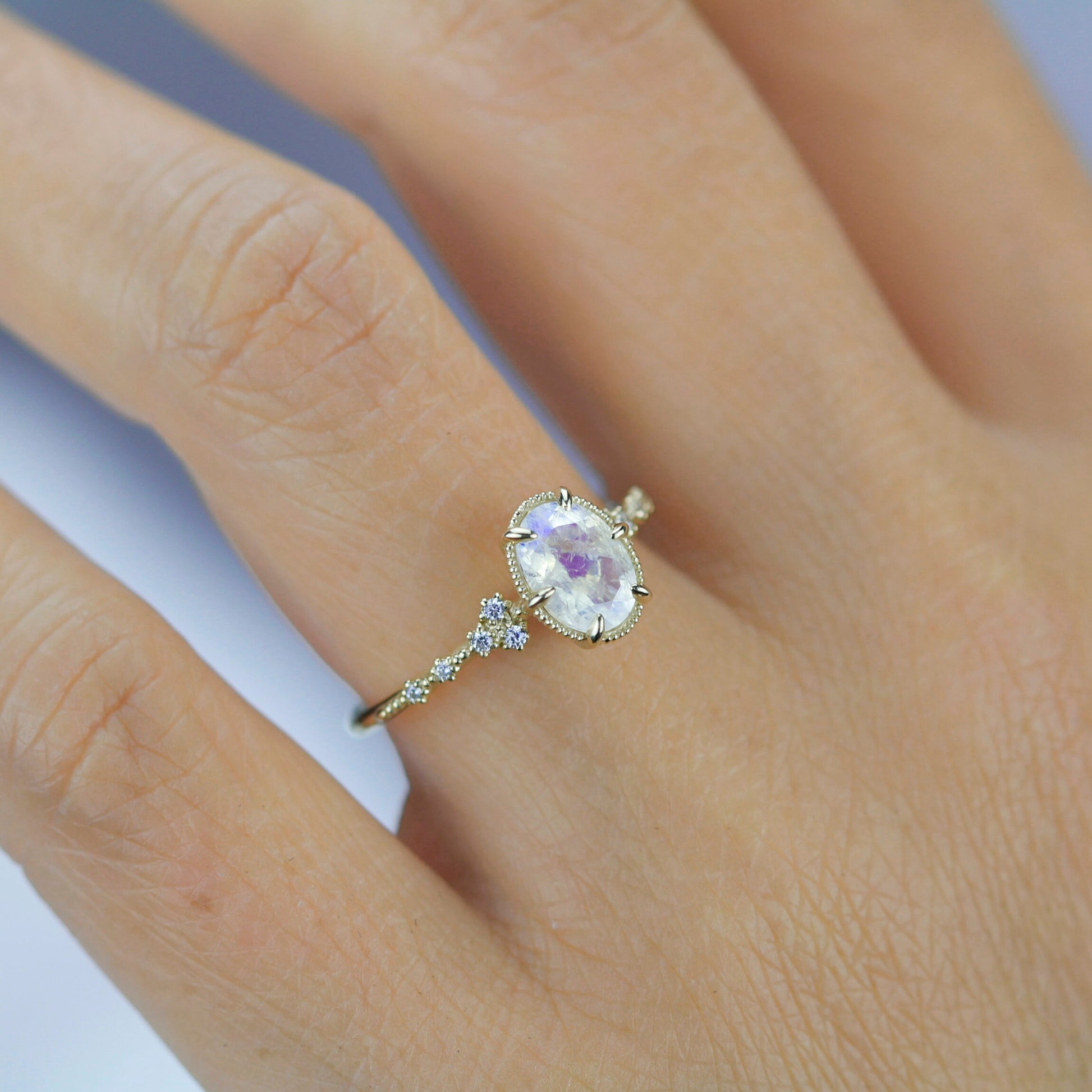 Oval moonstone and diamond engagement ring, 18k simple gold ring, unique unique moonstone ring
