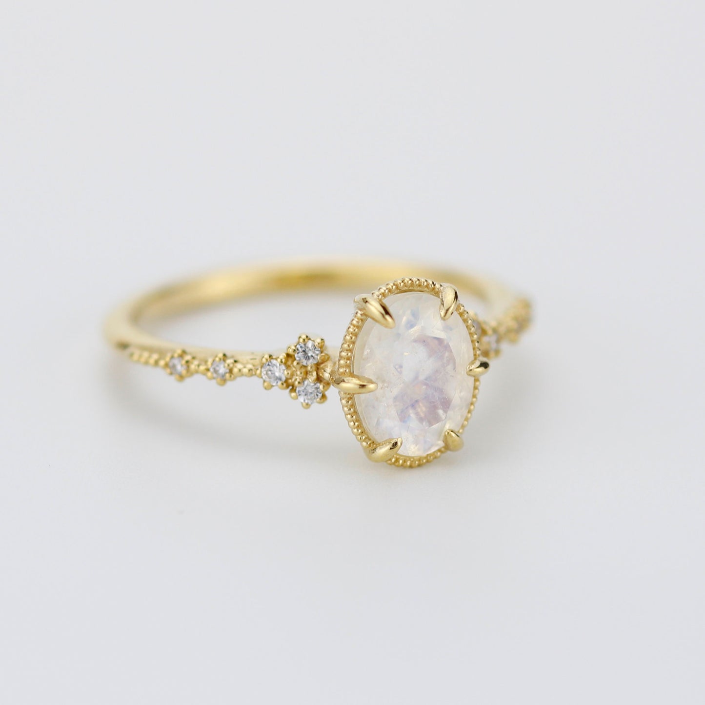 Oval moonstone and diamond engagement ring, 18k simple gold ring, unique unique moonstone ring