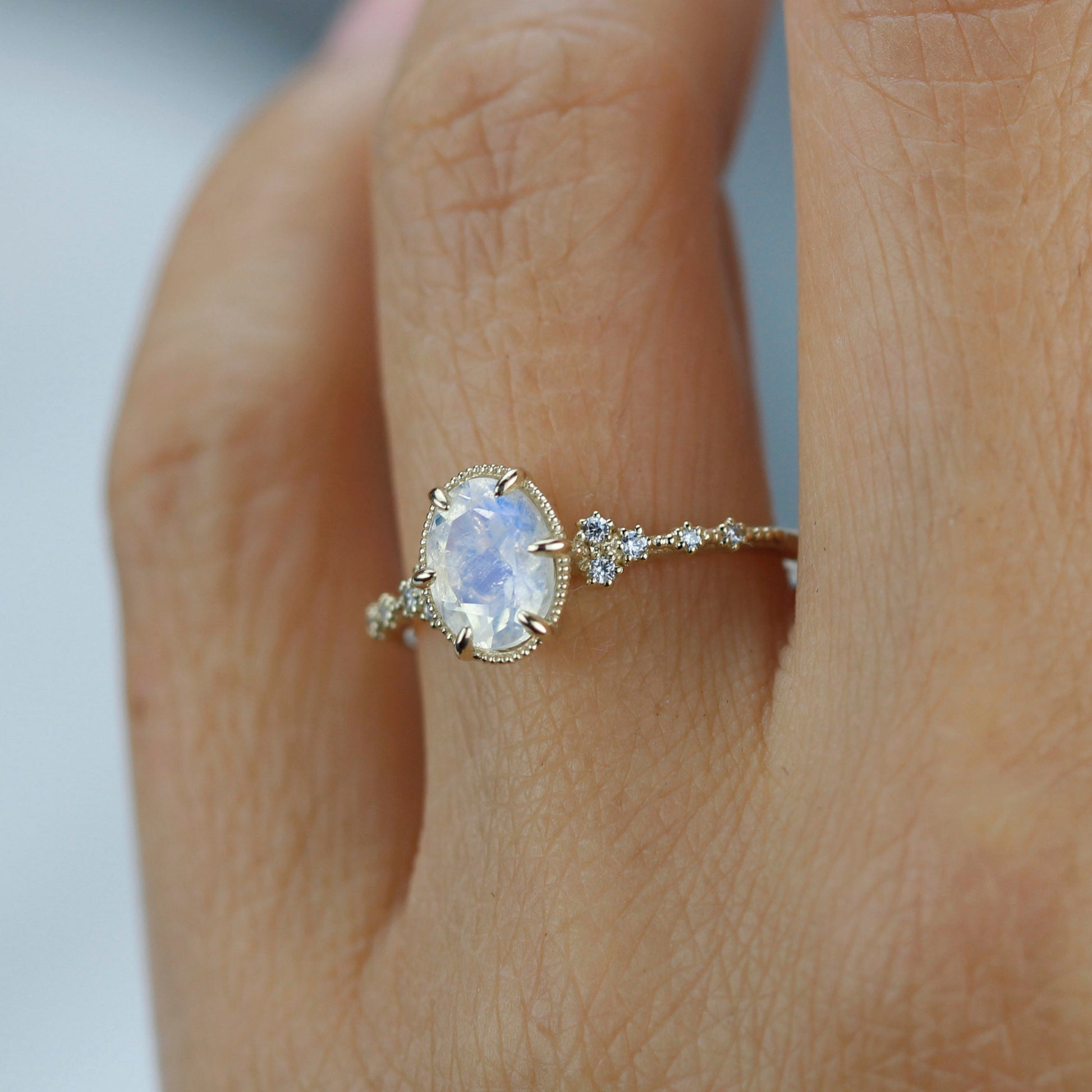 Oval moonstone and diamond engagement ring, 18k simple gold ring, unique unique moonstone ring