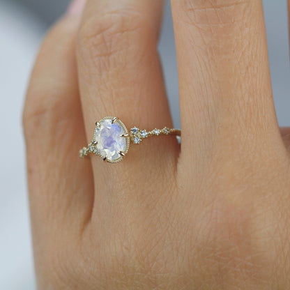 Oval moonstone and diamond engagement ring, 18k simple gold ring, unique unique moonstone ring