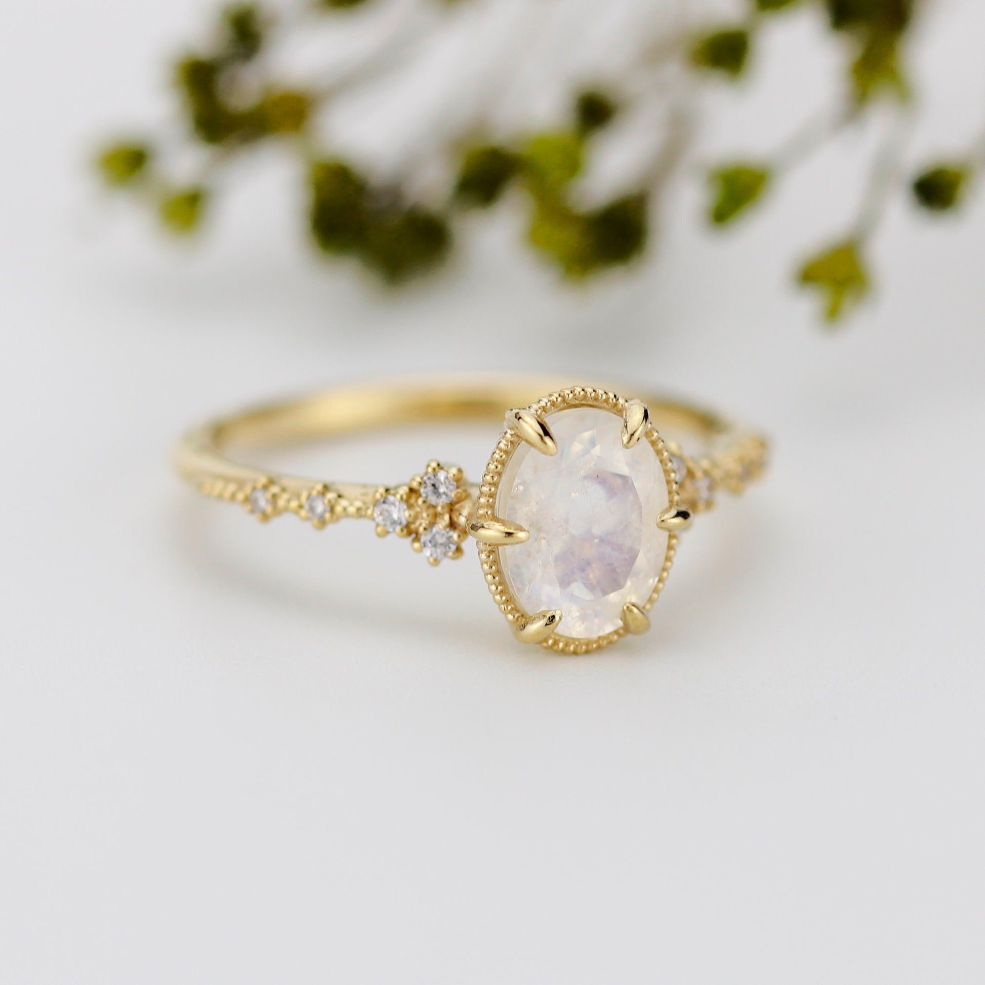 Oval moonstone and diamond engagement ring, 18k simple gold ring, unique unique moonstone ring